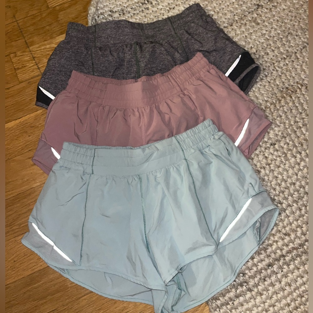 Lululemon Hotty Hot 2.5” shorts Dusty Pink, Light Blue, and Heather grey